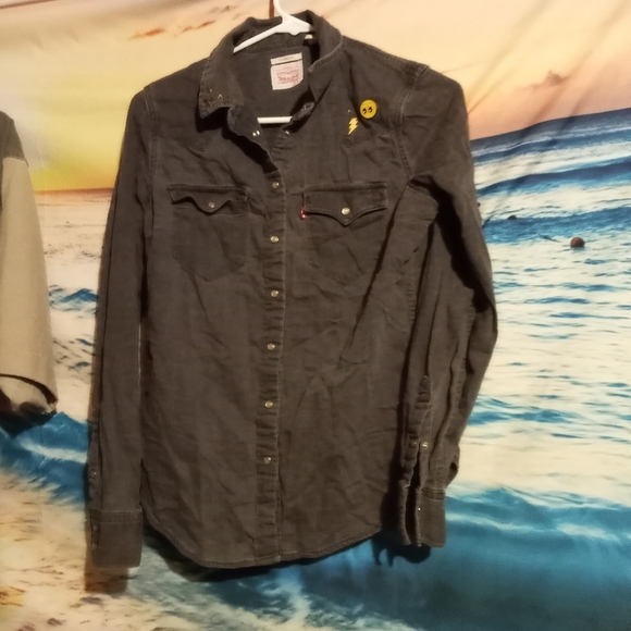 Levi's Women's Jean Denim Shirt Western Punk Pearl Snap Studded Fitted Sz Small
